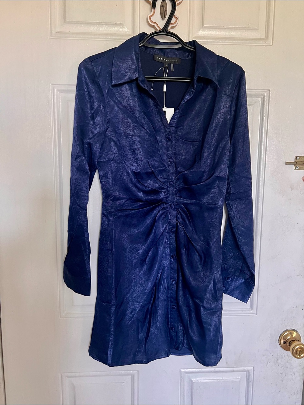 Endless Rose | Navy Blue Long-Sleeve Ruched Shirt Dress